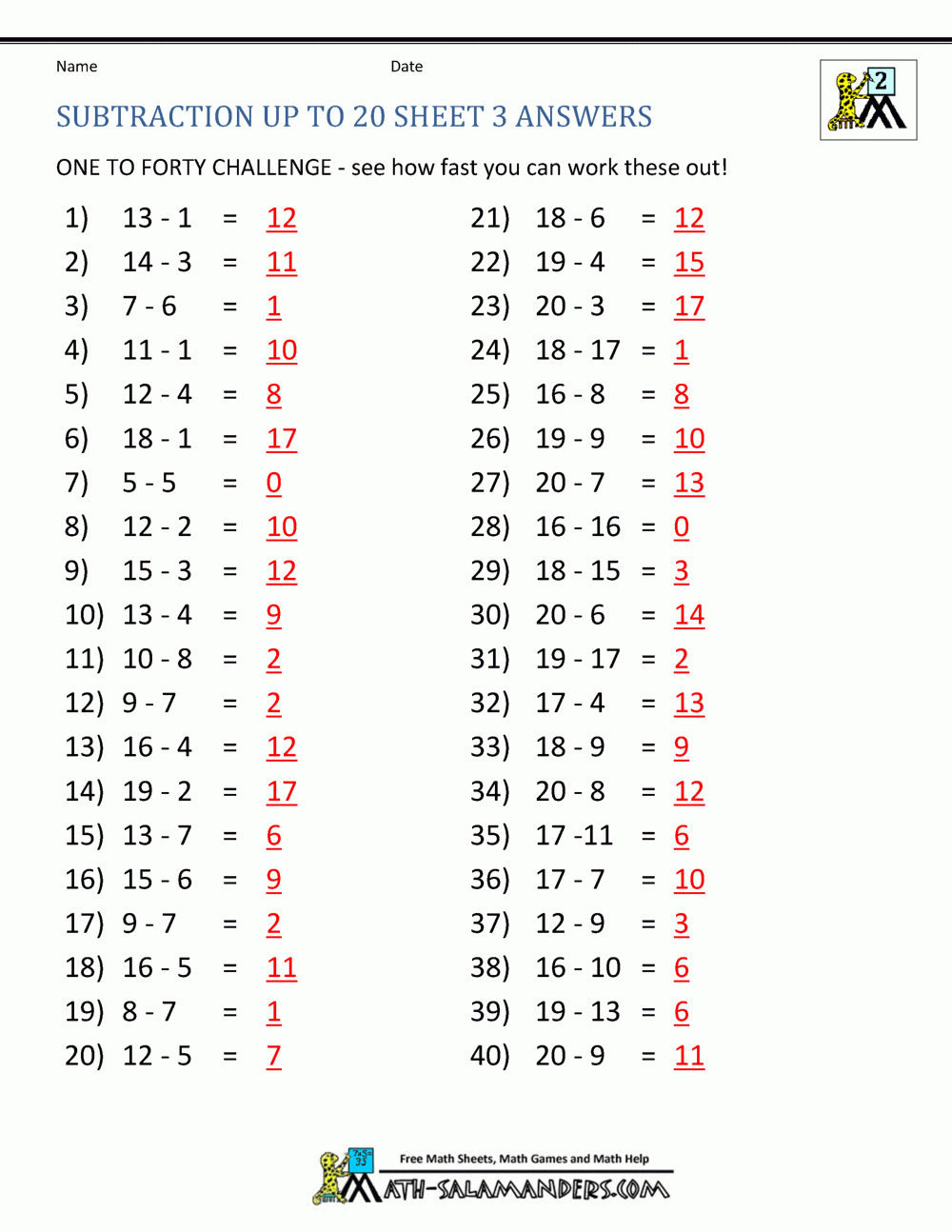 Subtraction Facts To 20