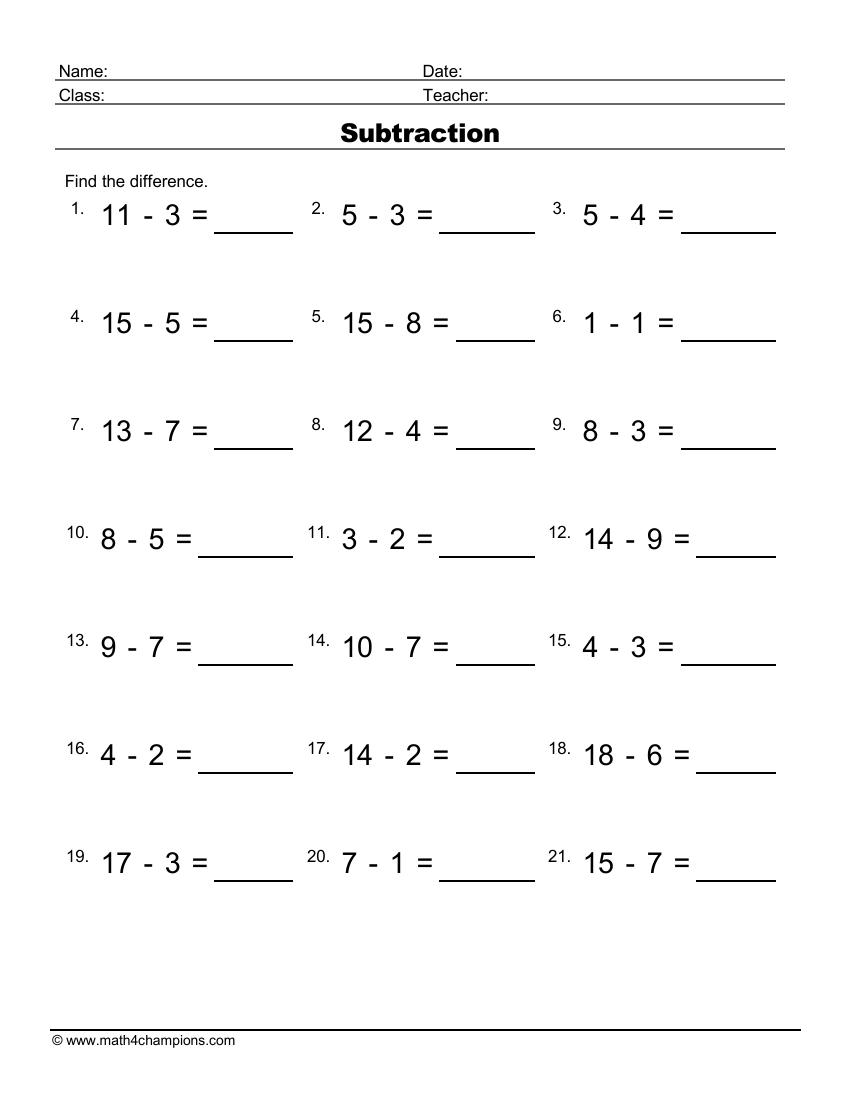 easy subtraction worksheets