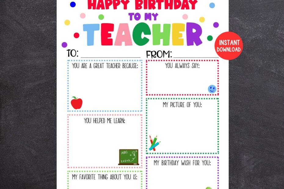 Teacher Birthday Card Printable Kids Birthday Card For Teachers Teacher Keepsake Kids Fill In The Blank Birthday Card For Teacher Etsy