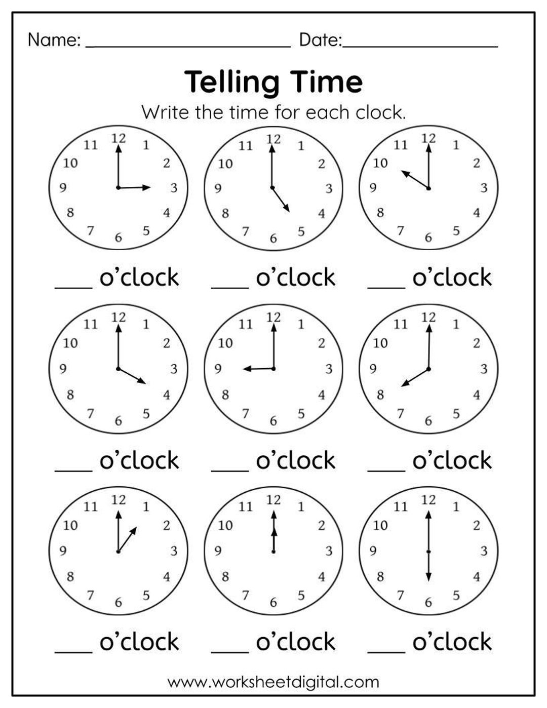 Telling Time To The Hour Worksheet Kindergarten First Grade Worksheet Learn To Tell The Time In Digital Analog Clock Homework Practice Etsy