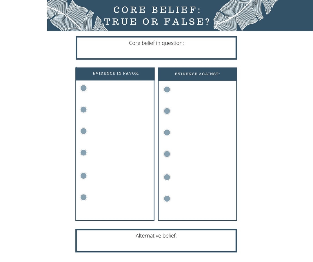 Therapy Core Belief Worksheet Trauma Therapy Printable Therapy Worksheet Negative Thoughts Journal Trauma Therapy CBT Worksheet Etsy