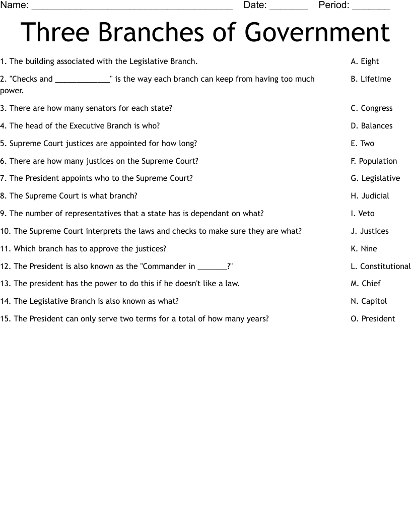 branches of government worksheet