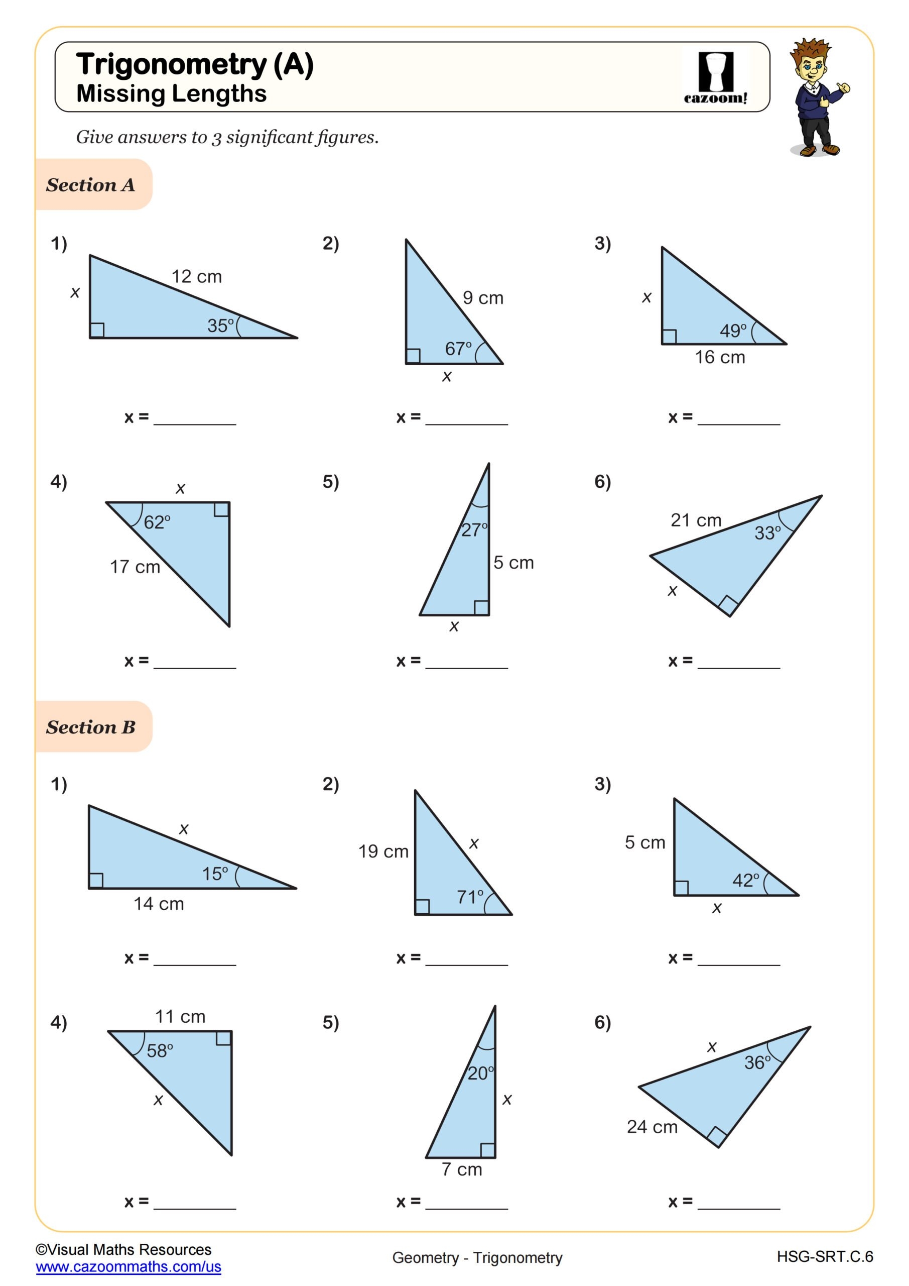 Trigonometic Ratios SOH CAH TOA Missing Side Lengths Worksheet 