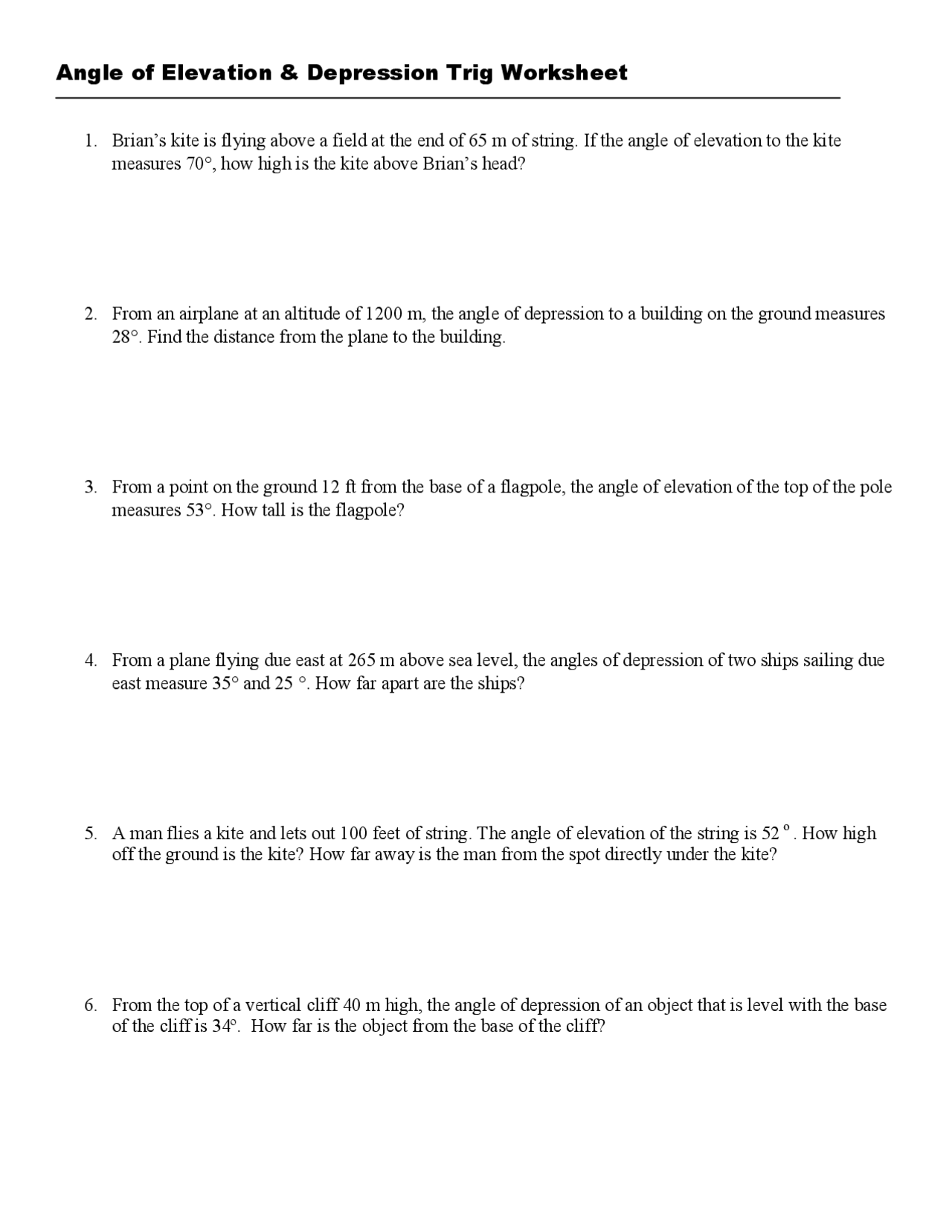 angle of elevation and depression worksheet