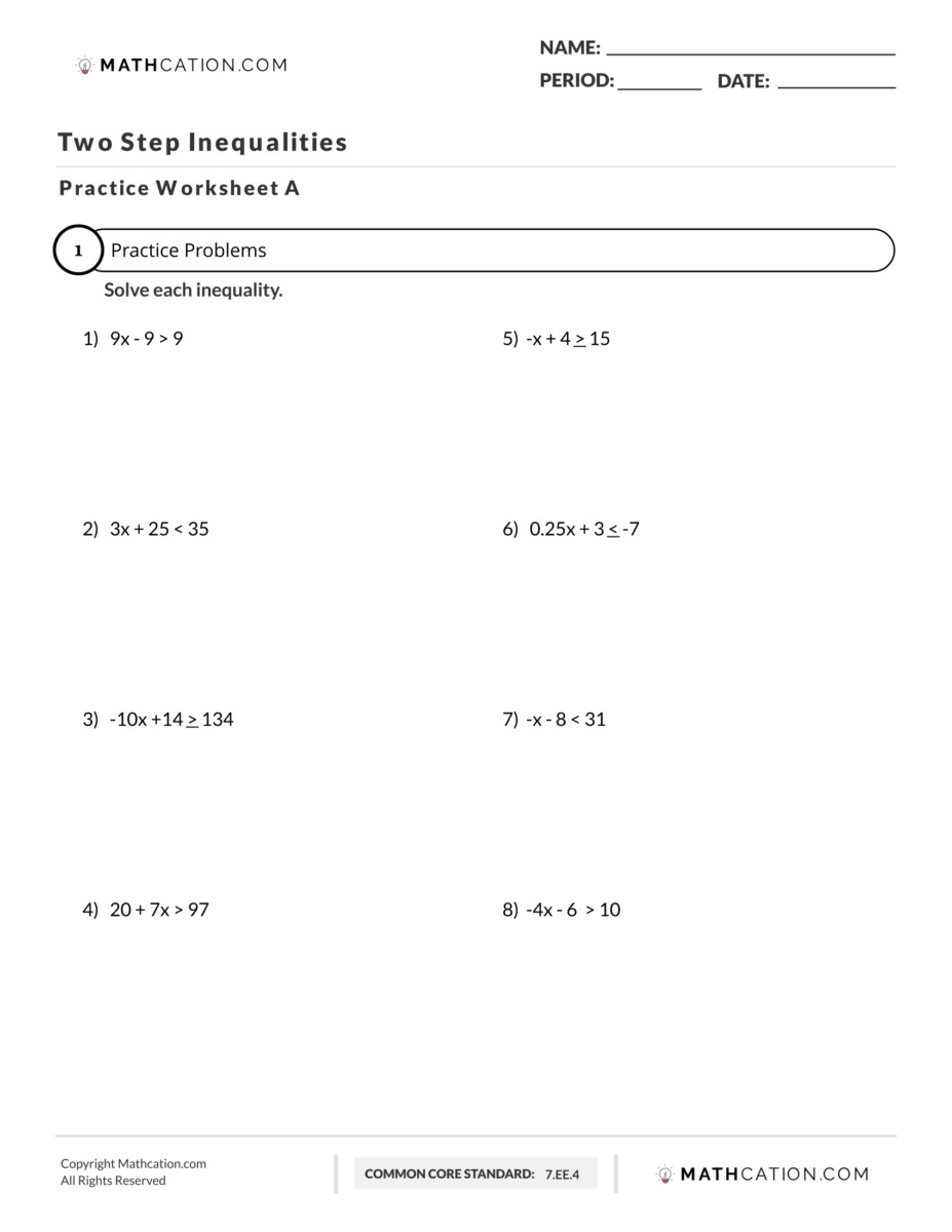 Two Step Inequalities Worksheet Examples And Practice