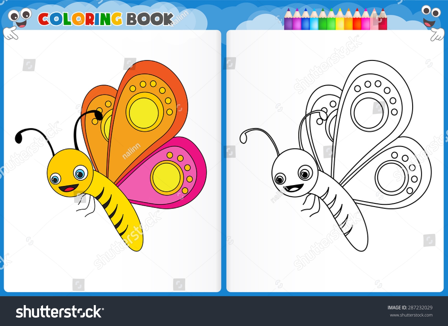 Vektor Stok Coloring Page Butterfly Colorful Sample Printable Tanpa Royalti 287232029 Shutterstock