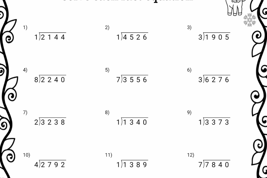Winter 4 Digit By 1 Digit Long Division Worksheets No Remainders