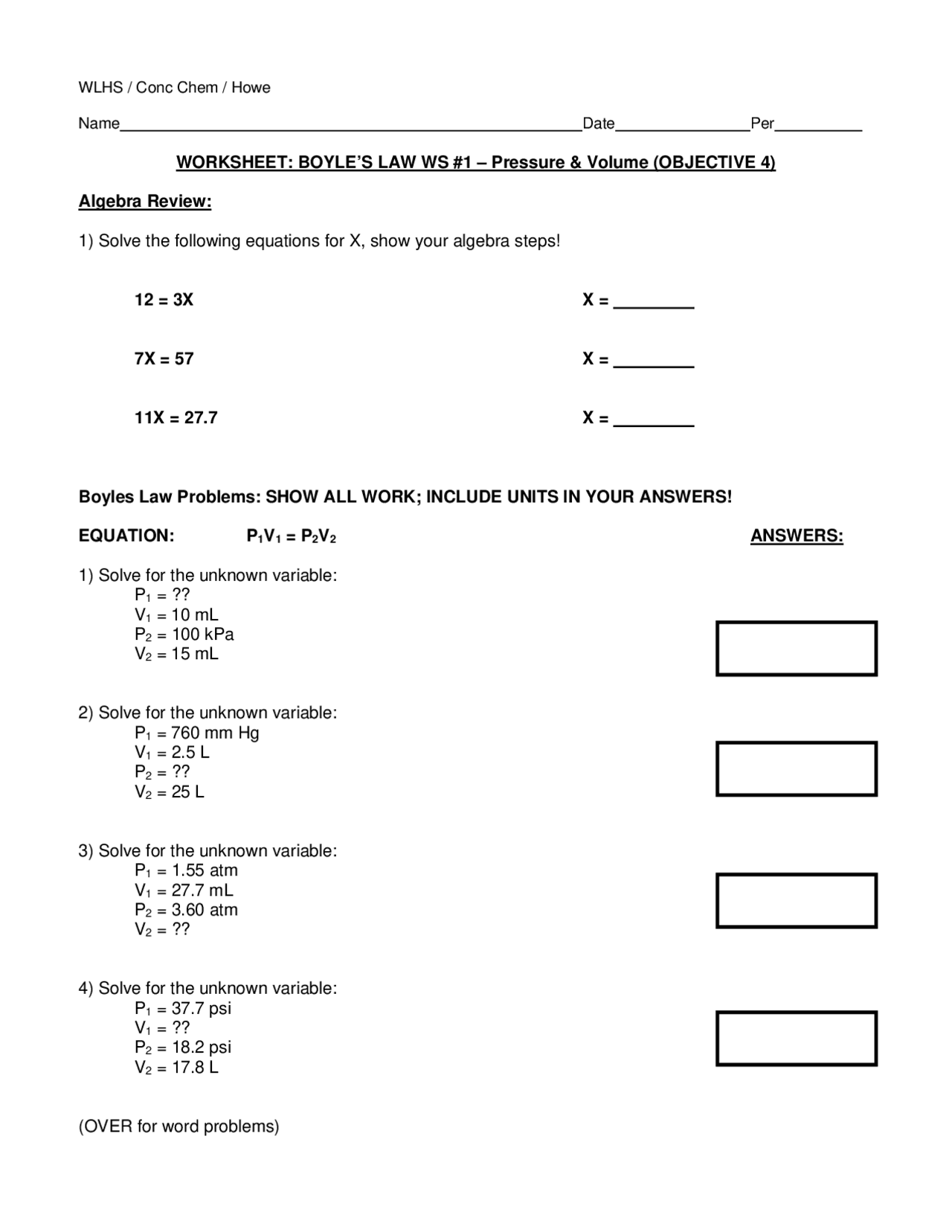 WORKSHEET BOYLE S LAW WS 1 Pressure U0026 Volume Summaries Law Docsity