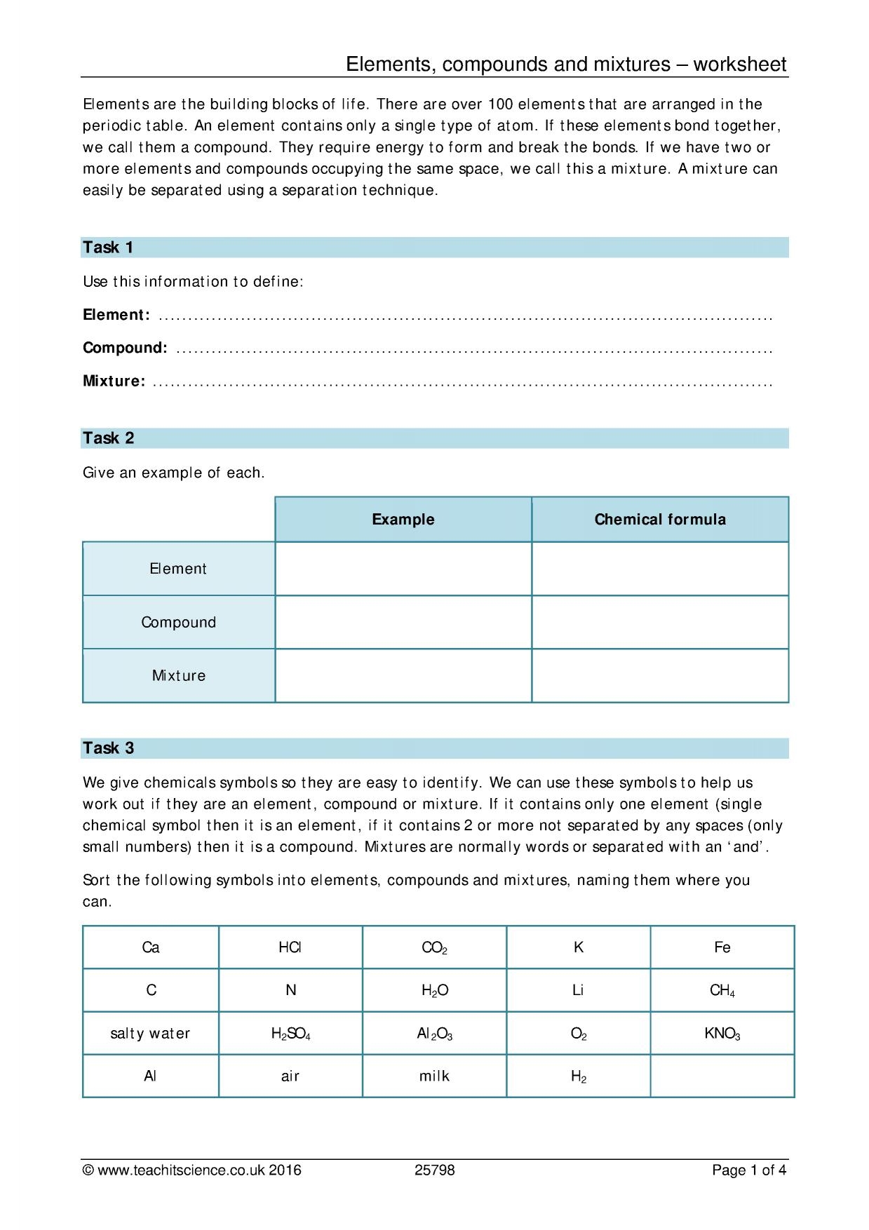 Worksheet Elements Compounds Mixtures Ks3 Elements Compounds 