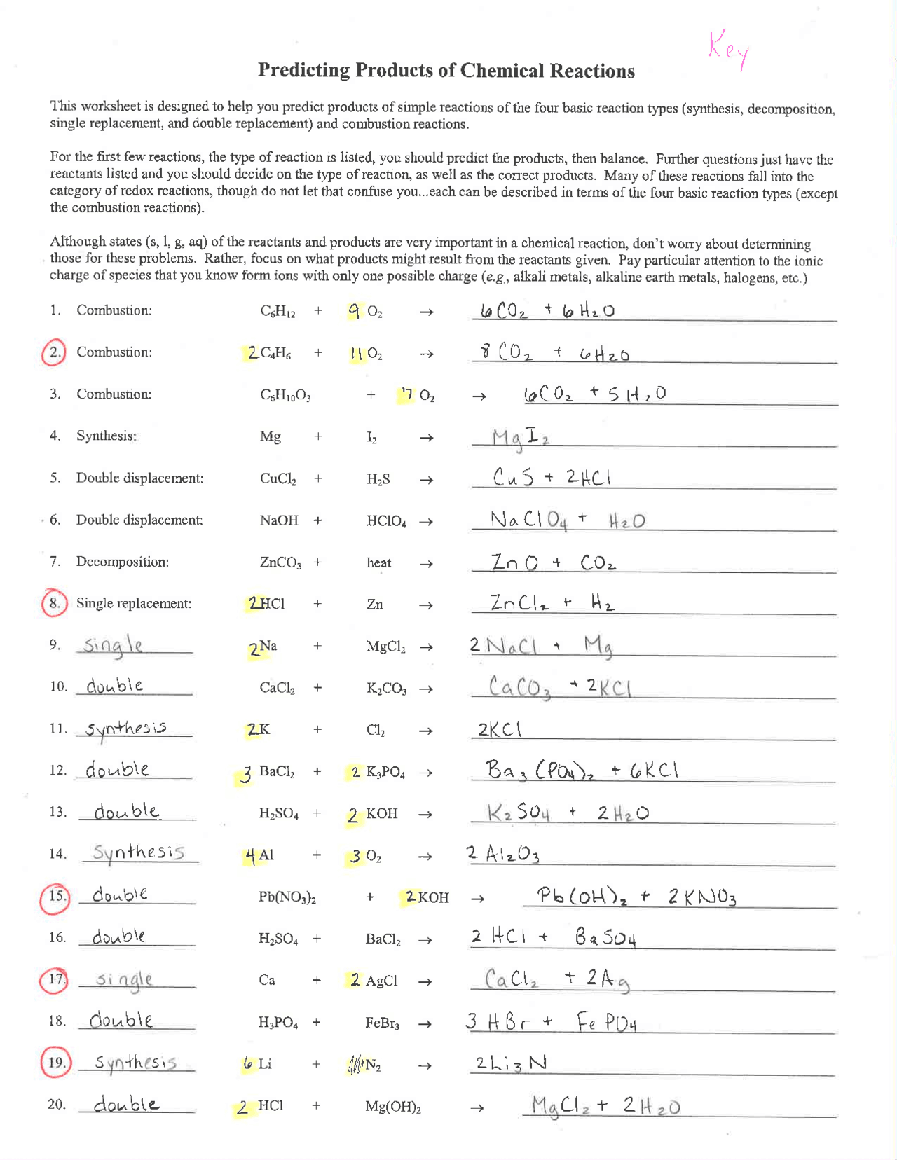 Worksheet Key For Predicting Products Of Chemical Reactions 