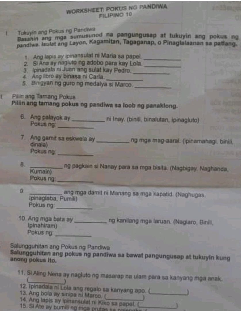 WORKSHEET POKUS NG PANDWA FILIPINO 10 I StudyX